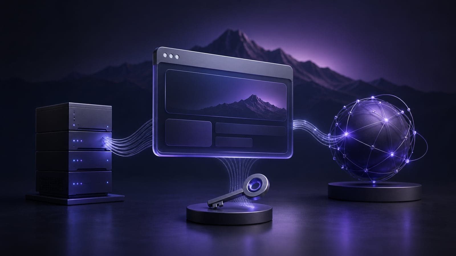 Alan adı, hosting sunucusu ve web sitesi erişimini simgeleyen mor tonlarda 3D görsel