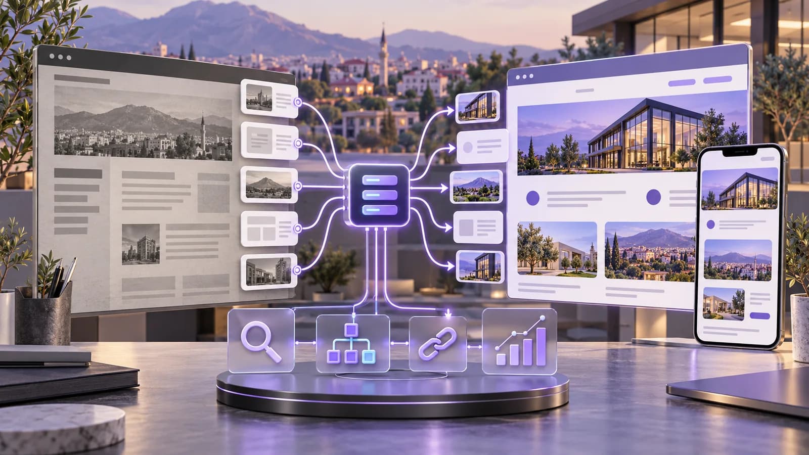 Eski kurumsal web sitesinden yeni mobil uyumlu siteye URL eşlemesi ve yönlendirme akışını gösteren mor tonlarda 3D görsel